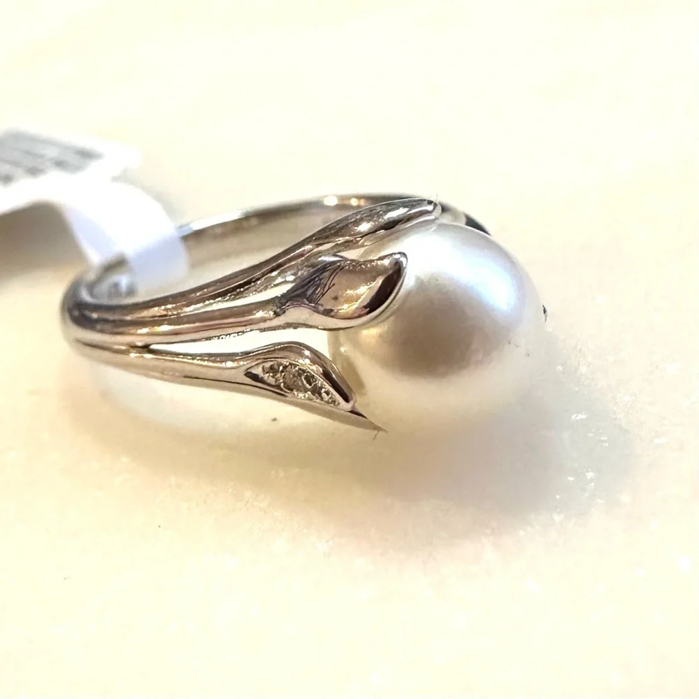 White Cultured Freshwater Pearl & White Zircon Rhodium Over Sterling Silver Ring